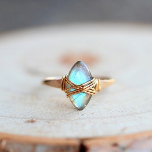 Labradorite Ring in Gold , Pointed Crystal Jewelry , Rose Gold , Sterling Silver , Marquis Stacking Caged