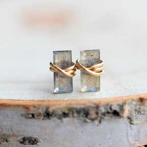 Labradorite Stud Earrings, Baguette Gold Tiny Studs, Rose Gold, Sterling Silver, Rectangle Minimalist Jewelry