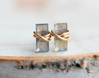 Labradorite Stud Earrings, Baguette Gold Tiny Studs, Rose Gold, Sterling Silver, Rectangle Minimalist Jewelry