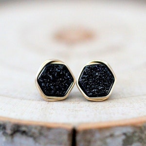 Hexagon Druzy Earrings, Black Stud Earrings, Druzy Studs, Gold Filled, Rose Gold, Sterling Silver, Black Post, Geometric - Eclipse