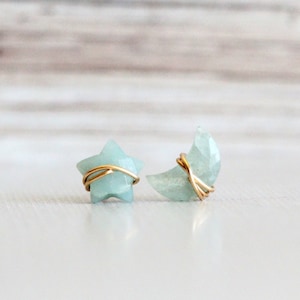 Aquamarine Moon Star Studs, Celestial Crescent Earrings, Gold Rose Silver, Constellation Jewelry