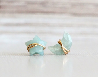 Moon Star Celestial Earrings , Aquamarine Studs, Crescent Post, March Birthstone Gold , Rose Gold , Sterling Silver -  Moonbeam & Stardust