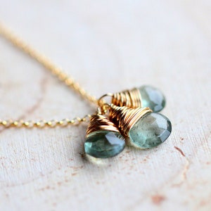 Moss Aquamarine Necklace , March Birthstone Trio Drop Charm Necklace In 14K Gold Filled , Wrapped Gemstone Necklace image 1