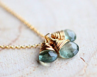 Moss Aquamarine Necklace , March Birthstone Trio Drop Charm Necklace In 14K Gold Filled , Wrapped Gemstone Necklace