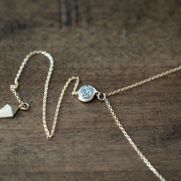 Lariat Y Gold Necklace, Druzy Layering Minimalist Drop Necklace, Arrowhead Pendant, Sterling Silver, Dainty Jewelry - Druzy Lariat
