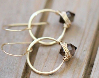 Smoky Quartz Hoop Earrings, Double Pointed Crystal Hammered Hoops, Gold Rose or Silver - Pike