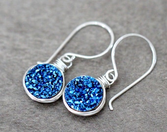 Druzy Silver Earrings, Cobalt Blue Raw Geode Crystal Sterling Earrings, 925 Sterling