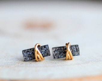 Black Sunstone Stud Earrings, Tiny Baguette Studs, Silver Rose Gold or Solid 14k