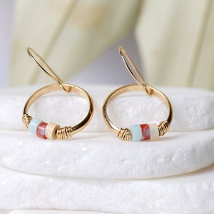 Jasper Gold Hoop Earrings, Aqua Beaded Thick Hoops, Sea Sediment, Beach Boho - Drift