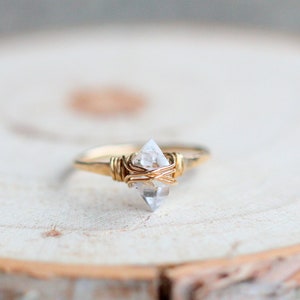 Herkimer Diamond Gold Ring , Boho Wire Wrapped April Birthstone Quartz, Rose Gold, Sterling Silver, Modern Stacking Jewelry image 1