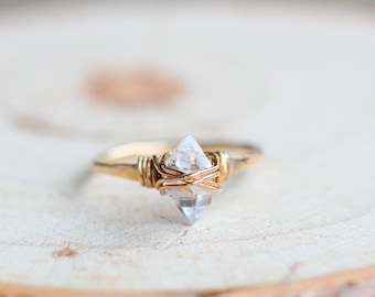 Herkimer Diamond Gold Ring , Boho Wire Wrapped April Birthstone Quartz, Rose Gold, Sterling Silver, Modern Stacking Jewelry