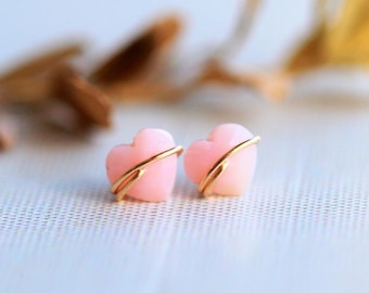 Opal Stud Earrings, Small Heart Pink Gemstones in 14k Gold Filled, Rose , Sterling Silver ,  Peruvian Opal Jewelry, Little Love Studs