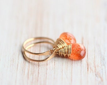 Sunstone Huggie Hoops , Open Gold Hoop Gemstone Earrings , Choose Size ,  Rose Gold, Sterling Silver , Threader - Sunstone Dangle Hugs