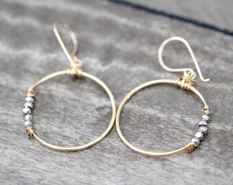 Gold Beaded Hoop Earrings , Pyrite Gemstone Rose Gold , Sterling Silver , Mixed Metal Boho Hoops - Argonaut  ( As Seen on This is Us )