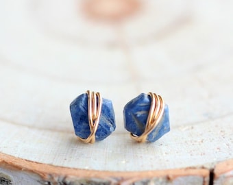 Raw Sapphire Stud Earrings , Crystal Jewelry in Gold Filled, Rose Gold, Sterling Silver,  September Birthstone , Natural Gemstone - Comet
