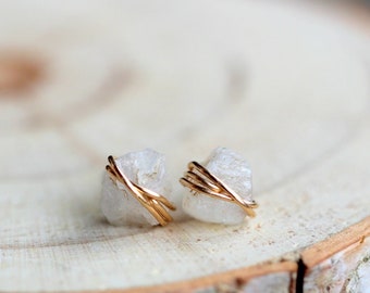 Raw Moonstone Stud Earrings , Crystal Jewelry in Gold Filled, Rose Gold, Sterling Silver,  June  Birthstone , Natural Gemstone - Comet