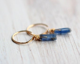 Kyanite Huggie Hoops , Open Gold Hoop Raw Gemstone Earrings , Choose Size ,  Rose Gold, Sterling Silver , Threader - Kyanite Dangle Hugs