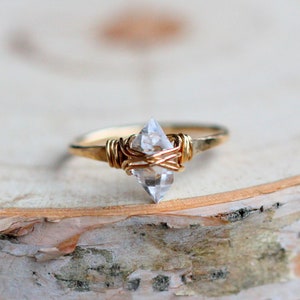 Herkimer Diamond Gold Ring , Boho Wire Wrapped April Birthstone Quartz, Rose Gold, Sterling Silver, Modern Stacking Jewelry image 3