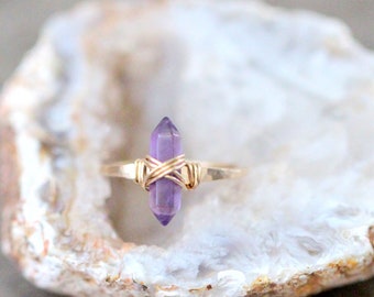 Amethyst Ring in Gold, Double Pointed Crystal Stone Wire Wrapped Ring, Rose Gold, Sterling Silver, Boho Jewelry Gifts - Crest Ring