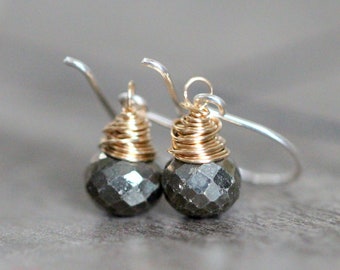 Pyrite Dangle Mixed Metal Earrings , Gold Filled , Sterling Silver , Dainty Jewelry, Gifts For Her Under 50