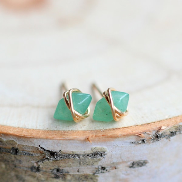 Aventurine Stud Earrings , Gold Jade-Green Studs, Rose Gold , Sterling Silver , Boho Minimalist Geometric Natural Stone - Pike