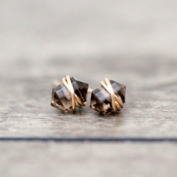 Smoky Quartz Studs , Point Stud Earrings , Gold , Rose Gold , Sterling Silver , Wire Wrapped Gemstone Jewelry , Gifts Under 50 - Pike