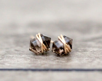 Smoky Quartz Studs , Point Stud Earrings , Gold , Rose Gold , Sterling Silver , Wire Wrapped Gemstone Jewelry , Gifts Under 50 - Pike