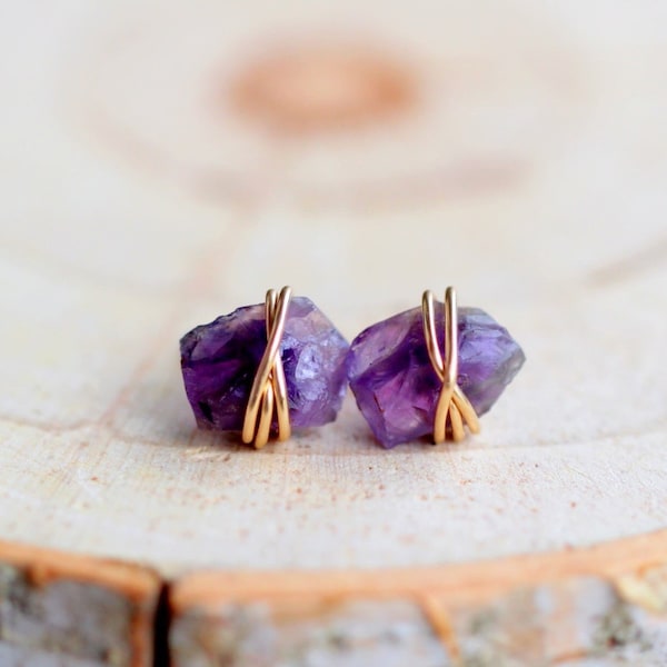 Raw Amethyst Stud Earrings , Crystal Jewelry in Gold Filled, Rose Gold, Sterling Silver, February Birthstone , Natural Gemstone - Comet