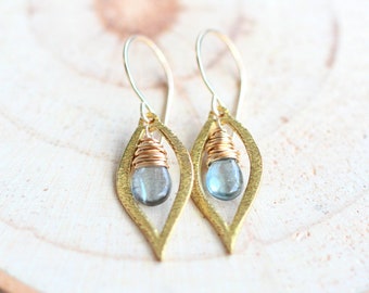 Moss Aquamarine In 14K Gold Fill And Lotus Leaf Dangle Earrings, Modern Fashion - Dew (As Seen On The Vampire Diaries)