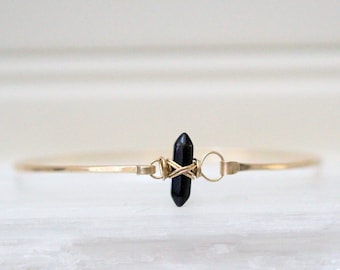 Boho Beaded Bracelet , Obsidian Crystal Point Gemstone Gold Filled , Rose , Sterling Silver, Hammered Bangle, Black Wire Wrapped - Crest