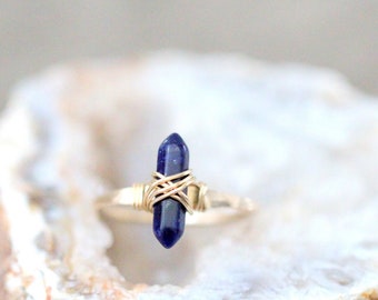 Sodalite Gold Ring, Double Pointed Crystal, Navy Blue Stone Wire Wrapped Ring, Rose, Sterling Silver, Boho Jewelry Gifts - Crest Ring