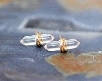 Crystal Bar Stud Earrings , Gemstone Point Quartz Studs , Gold , Rose Gold , Sterling Silver , Wire Wrapped Crystal Jewelry - Crest