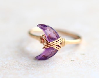 Amethyst Ring, Crescent Moon Jewelry, Gold Rose or Sterling Silver, Celestial February Birthstone - Moonbeam