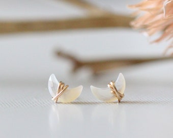 Tiny Moon Stud Earrings, Mother of Pearl Dainty Half Moon, Celestial Crystal Jewelry, Gold, Rose, Sterling Silver -  Mini Moonbeam