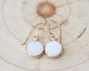 Druzy Earrings, Pure White Geode, Gold Rose or Silver Finish, Classic Everyday Style