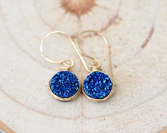 Druzy Dangle Earrings , Gold Edged , Rose Gold , Sterling Silver , Wire Wrapped Druzy , Cobalt Blue Drusy , Bridesmaid Jewelry