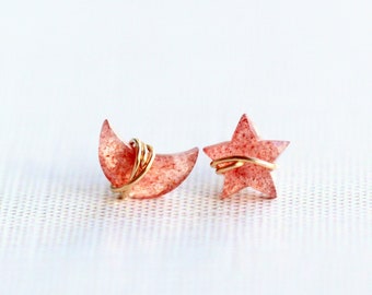 Moon Star Celestial Earrings , Quartz Peach Pink Studs, Strawberry Crescent Post, Gold , Rose Gold , Sterling Silver -  Moonbeam & Stardust