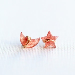 Moon Star Celestial Earrings , Quartz Peach Pink Studs, Strawberry Crescent Post, Gold , Rose Gold , Sterling Silver -  Moonbeam & Stardust
