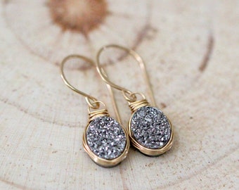 Druzy Gold Earrings , Gray Dangle Bezel Wire Wrapped Oval Drops In 14k Gold Filled , Rose Gold , Gifts For Her Under 50