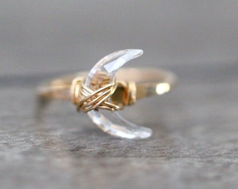 Crescent Moon Ring, Crystal Moon Ring, Gold, Rose Gold, Sterling Silver, Crystal Quartz Ring, Half Moon - Moonbeam