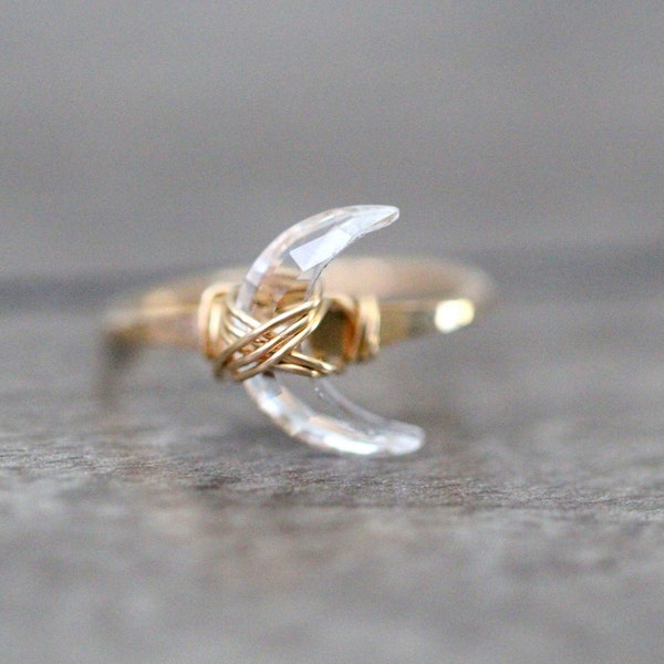 Crescent Moon Ring, Crystal Moon Ring, Gold, Rose Gold, Sterling Silver, Crystal Quartz Ring, Half Moon - Moonbeam