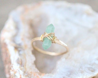 Aventurine Ring in Gold , Green Pointed Crystal Stone Wire Wrapped Ring , Rose Gold , Sterling Silver , Boho Jewelry Gifts - Crest Ring