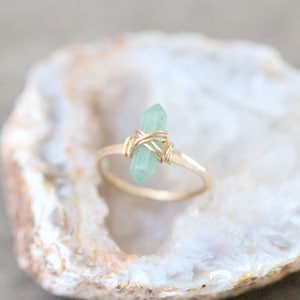 Aventurine Ring, Gold Rose or Silver, Green Pointed Crystal Stone Bohemian Wire Wrapped Ring,