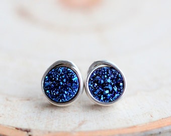 Blue Druzy Earrings, Small Studs, Round Raw Cobalt Geode Crystals, 8mm, Choose Metal Finish