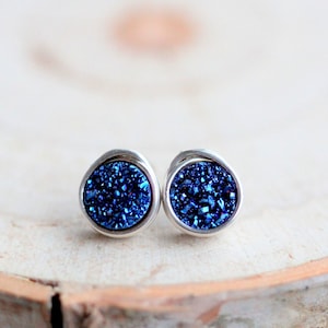 Blue Druzy Earrings, Druzy Stud Earrings, Sterling Silver, Gold Filled, Rose Gold, Gemstone Post, Real Druzy Jewelry - Cobalt