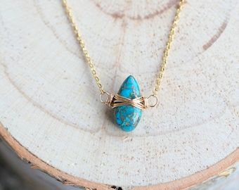 Turquoise Teardrop Gold Necklace , Boho Wire Wrapped Floating Pendant , Sterling Silver , Rose Gold , Bohemian Layering Choker