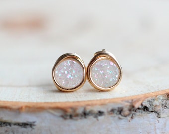 Druzy Gold Studs , Tiny White Stud Earrings , Gold , Sterling Silver , Rose Gold , Minimalist Jewelry - Micros