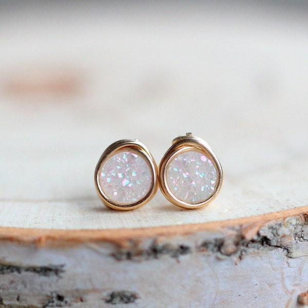 Druzy Gold Studs , Tiny White Stud Earrings , Gold , Sterling Silver , Rose Gold , Minimalist Jewelry - Micros