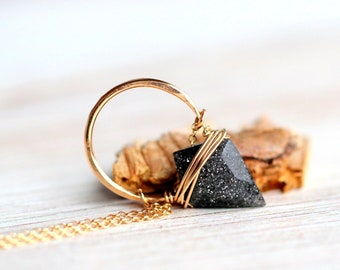 Black Sunstone Pendant Necklace,  Arrowhead Gemstone, Gold Hoop Necklace, Rose Gold, Sterling Silver , Boho Feldspar - Albatross