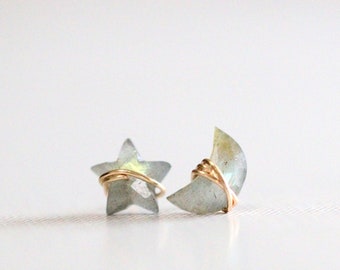 Moon Star Celestial Earrings , Labradorite Studs, Crescent Post, Flash Gold , Rose Gold , Sterling Silver -  Moonbeam & Stardust